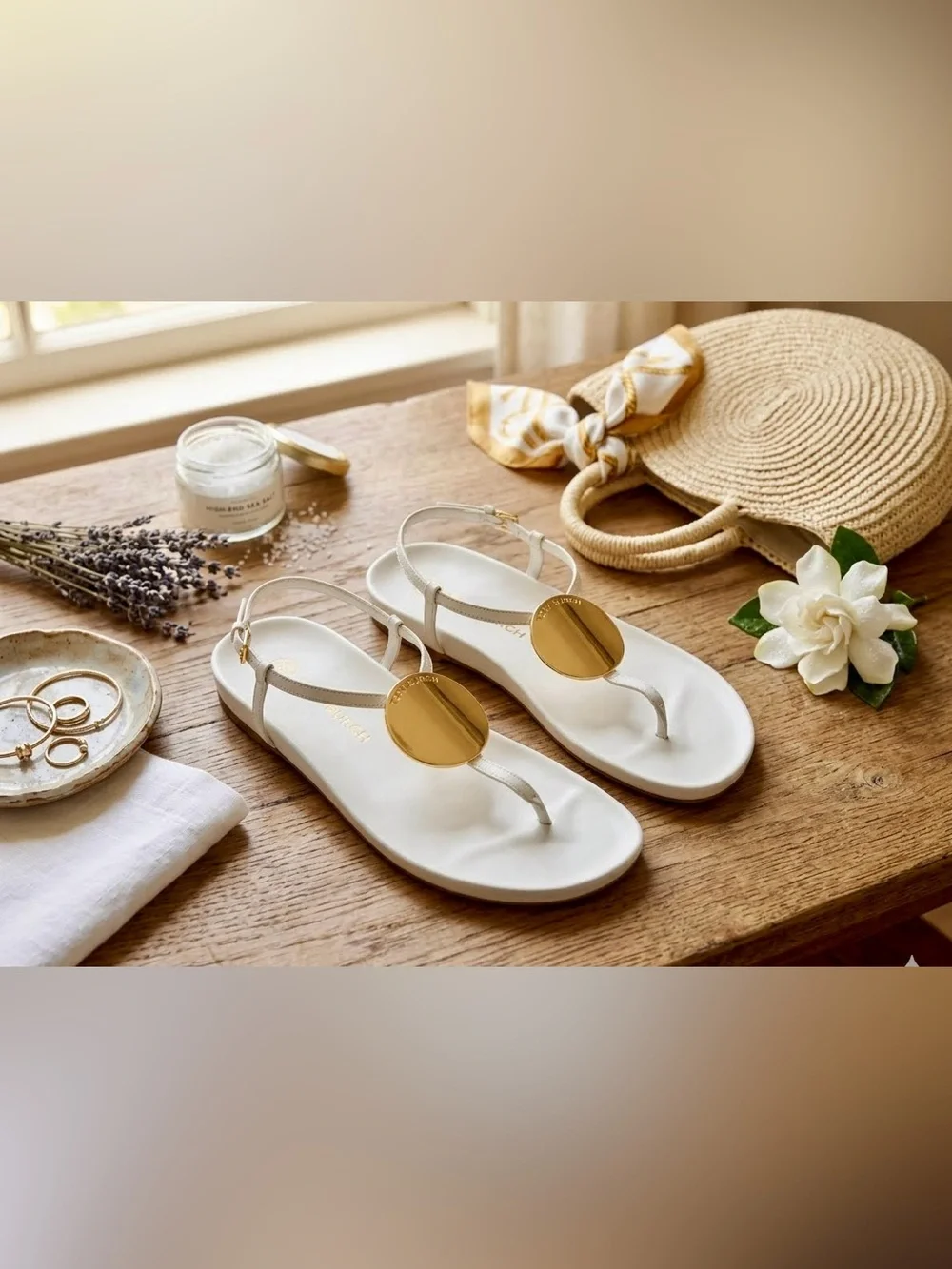 NWB Tory Burch Patos Disk Leather Thong Sandals - New Ivory Gold Size 8